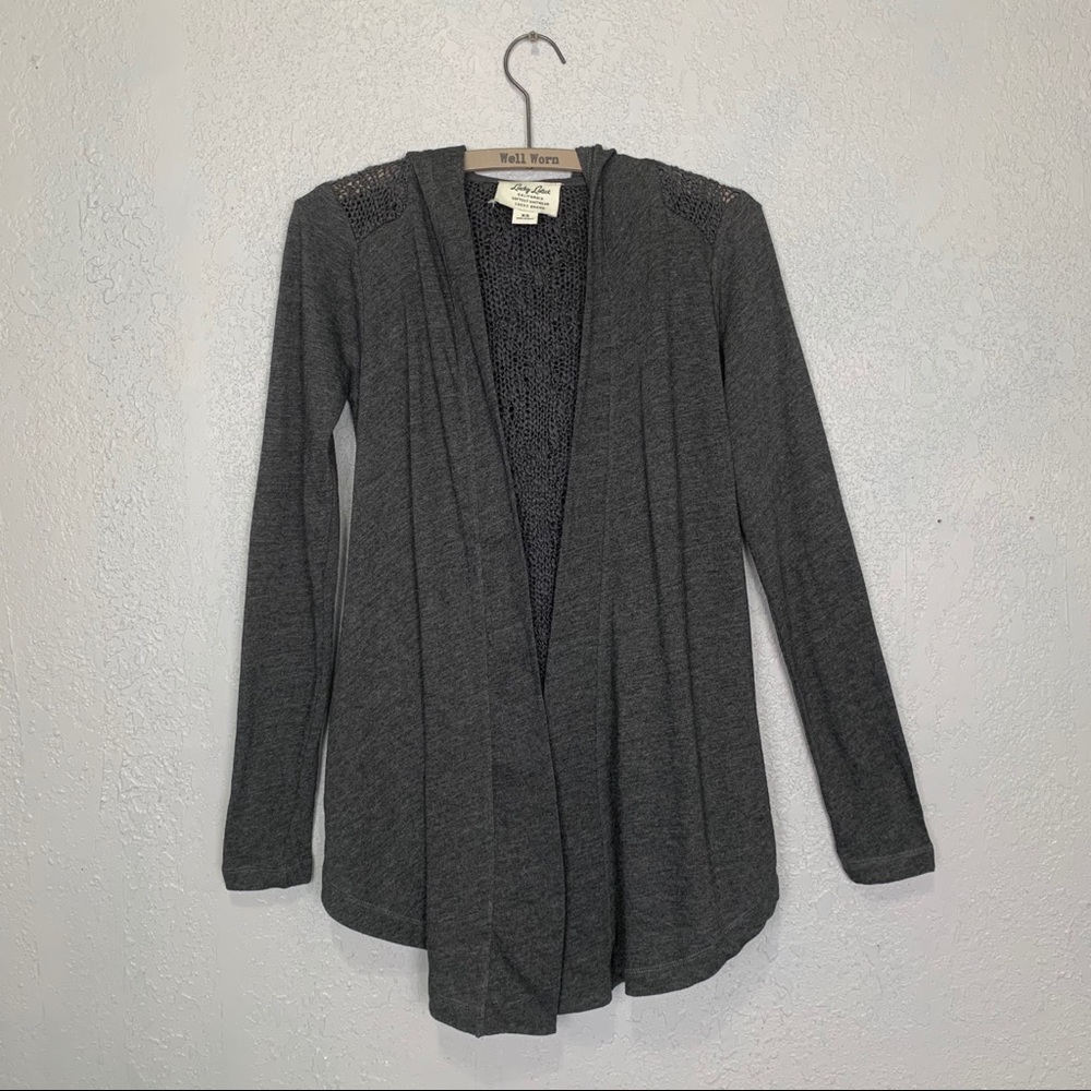 Lucky Lotus cozy open front hooded gray cardigan